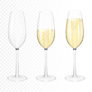 Set of Transparent realistic wine glasses of champagne, isolated.