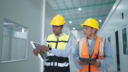 Two professional factory warehouse workers walking and talking in warehouse wearing safety hardhats helmet inspection at warehouse
