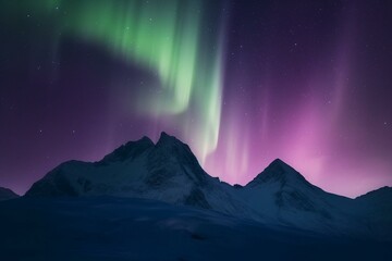 Fototapeta na wymiar Majestic purple Northern Lights over mountains create a magical banner with space for text. Generative AI