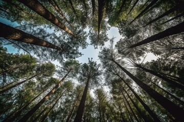 View of Brazilian pine forest from below in Gonçalves, Minas Gerais, Brazil. Generative AI