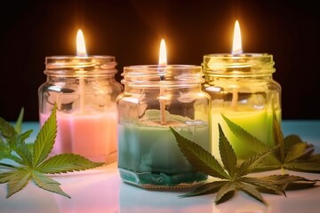 Cannabis candles. Colorful hemp wax candles in glass jars surrounded by marijuana leaves. Generative AI