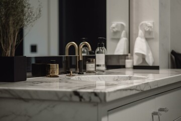 High-end marble counter with bath gear and blank area on unfocused contemporary washroom. Generative AI
