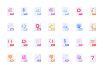 File type, document format icon set: avi, txt, mp3, png, zip, ai, html, pdf. Large file 3d vector icon collection for mobile or desktop application. Three dimensional vector colourful pictogram set. 