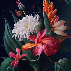Magic tropical flowers reminiscent of a 17th-century Dutch still life. The flowers are depicted in detail. Generative AI