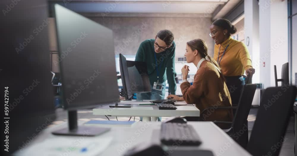 Aufkleber diverse multiethnic group of female and male students sitting together in infographics room, collabo