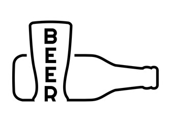 Logo cervecería. Botella de cerveza y vaso con línea contínua con palabra Beer