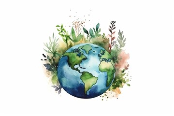 the Earth surrounded by a lush green plant landscape, depicted in watercolor. Generative AI