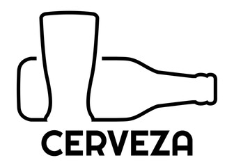 Logo cervecería. Botella de cerveza y vaso con línea contínua con palabra Cerveza en español © teracreonte