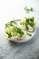 Healthy vegetable toasts on rice crackers	