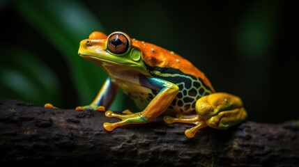 multi-colored frog sits on a log of a tree near the water. Macro photo