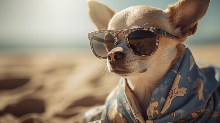 cool chihuahua in shorts and dark glasses and summer