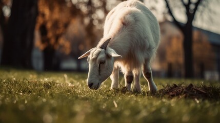 Naklejka premium a goat grazes in the village yard