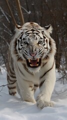 A big snow tiger is chasing its prey
