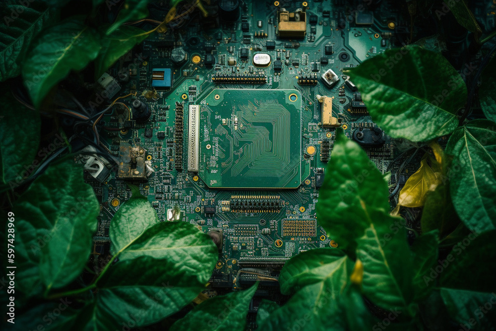 Wall mural green computer board with microchips, created by a neural network, generative ai technology