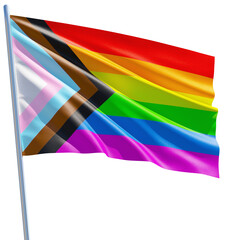 Progress Pride rainbow flag waving on transparent background, cut out object for LGBTQIA+ Pride month, sexuality freedom, love diversity celebration and the fight for human rights in 3D illustration
