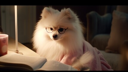 Pomeranian Spitz dog in glasses reading book