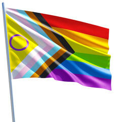 Progress Pride with intersex inclusion rainbow flag waving on transparent background, cut out object for LGBTQIA+ Pride month, sexuality freedom, love diversity celebration in 3D illustration