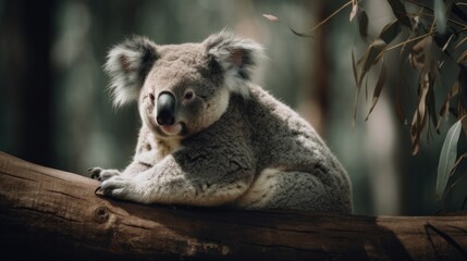 a small gray koala sits on a bamboo tree