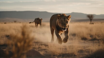 Naklejka na ściany i meble a lion runs after prey in the savannah. Generative AI
