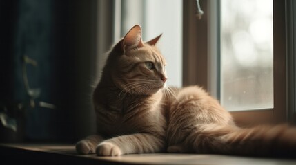 the cat sits on the windowsill and looks out the window. Generative AI