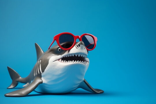 shark with glasses on a blue background, created by a neural network, Generative AI technology