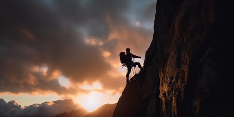 A man climbing up the side of a mountain at sunset. AI generative image.