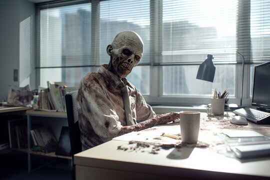funny zombie in the office, created by a neural network, Generative AI technology