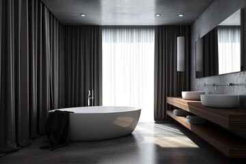 Fototapeta na wymiar modern bathroom with a bathtub, sink, and mirror. Generative AI