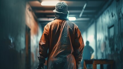 Obraz premium A worker from behind at a construction site in full-length special work clothes. Generative AI