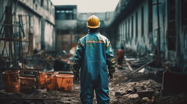 Worker On The Ruins, Construction Site, Protective Suit, Hard Hat, Helmet. A Worker From Behind At A Construction Site In Special Work Clothes. Generative AI