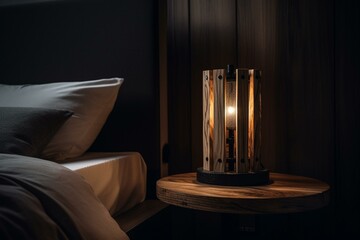 Wooden pedestal supports black loft bedside lamp with soft night light. Generative AI