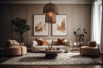 Beige living room with rug, sofa, armchairs, coffee tables, pendant light & wall molding. Contemporary. Generative AI
