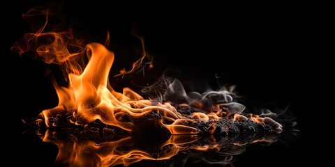 Burning fire on a black background creating a reflection in the water. Generative AI