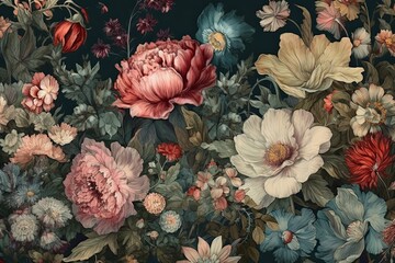 Fototapeta premium Dark background with roses in vintage style. Generative AI.