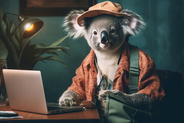 koala hipster with laptop, created by a neural network, Generative AI technology