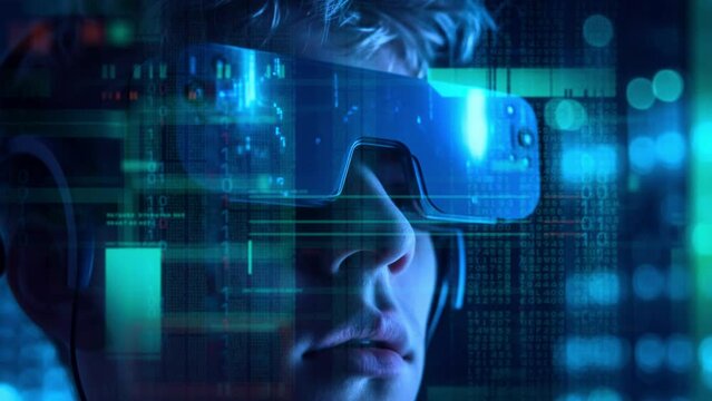 VR portrait on data futuristic background. Some elements are made using images obtained with the help of generative Ai technologies.