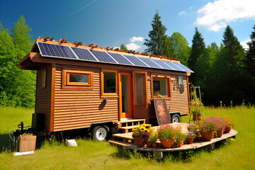 generative ai illustration of tiny house with photovoltaic panels, solar panels - obrazy, fototapety, plakaty
