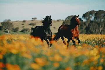 Fototapeta na wymiar Two Majestic Horses Galloping Through a Sunflower Field. Generative AI