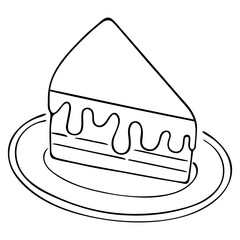 A piece of cake on a saucer. Sketch. Sweet dessert with dripping chocolate. Vector illustration. Coloring book for children. Confectionery product from several layers. Doodle style. 