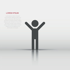 Vector happy man with hands up icon in flat style. People happy sign illustration pictogram. Man business concept.