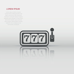 Vector casino slot machine icon in flat style. 777 jackpot sign illustration pictogram. Casino winner business concept.