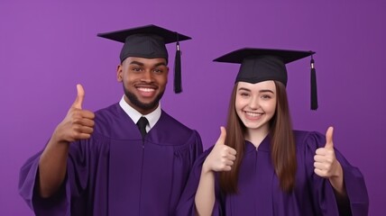 Education and achievement: Male and female university students of different races giving thumbs up while posing side by side on a purple studio background. They are also classmates and closest friends