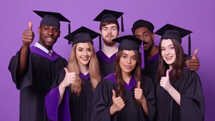 Education and achievement: Male and female university students of different races giving thumbs up while posing side by side on a purple studio background. They are also classmates and closest friends