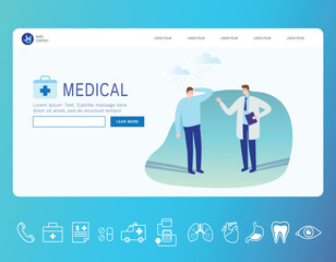 Medical banner. Healthcare infographic. Landing page concept. Web page 3d isometric. business vector illustration concept. flat line icon and doctor patient cartoon character,