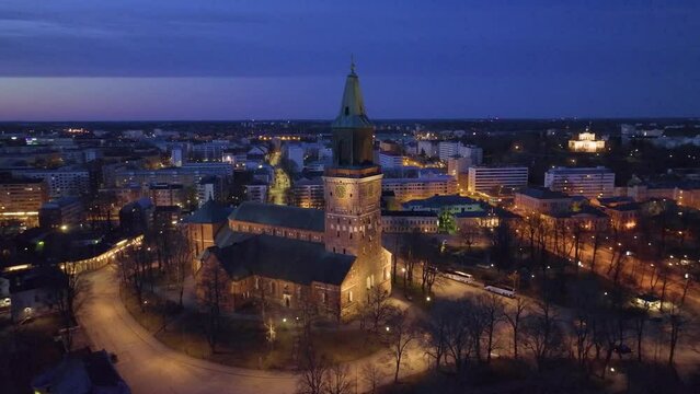 Aerial view of Turku Cathedral at night in Turku, Finland