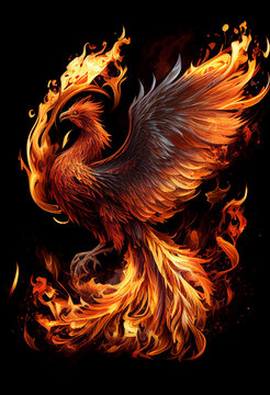 Burning bird phoenix on black background. AI generated