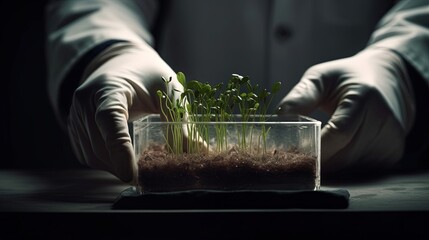Technologies for growing plants and scientific research in the field of biology and chemistry of nature. Living green sprout in the hands of a farmer. Microgreens, new life concept. Generative AI - obrazy, fototapety, plakaty