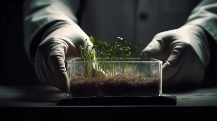 Foto op Aluminium Technologies for growing plants and scientific research in the field of biology and chemistry of nature. Living green sprout in the hands of a farmer. Microgreens, new life concept. Generative AI © Nadia