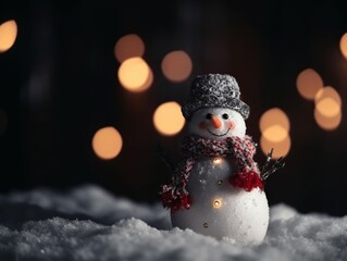 snowman on the snow with lights bokeh. Generative ai