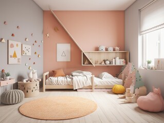 Creative and fun bedroom interior for children, soft pink color tone. Generative ai